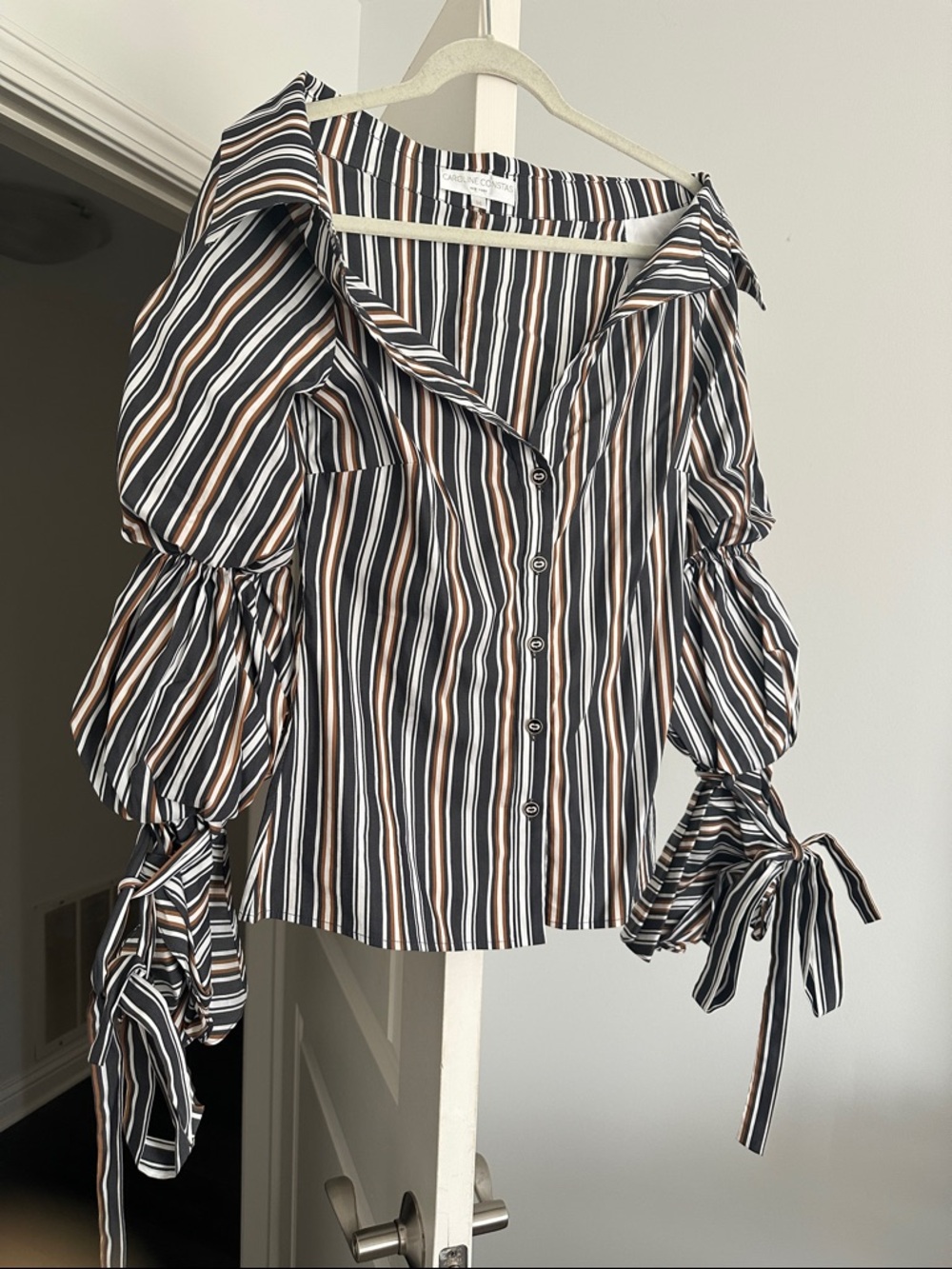 Caroline Constas Black White Tan Striped Puff-Sleeve Button-Down